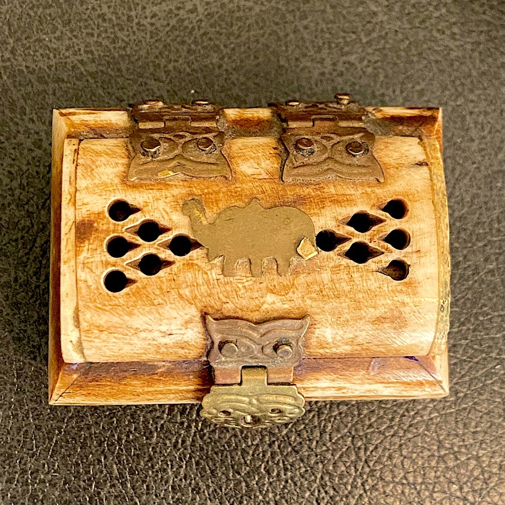 Ivory token box, purple velvet lining with brass owl & elephant accents/hinges.